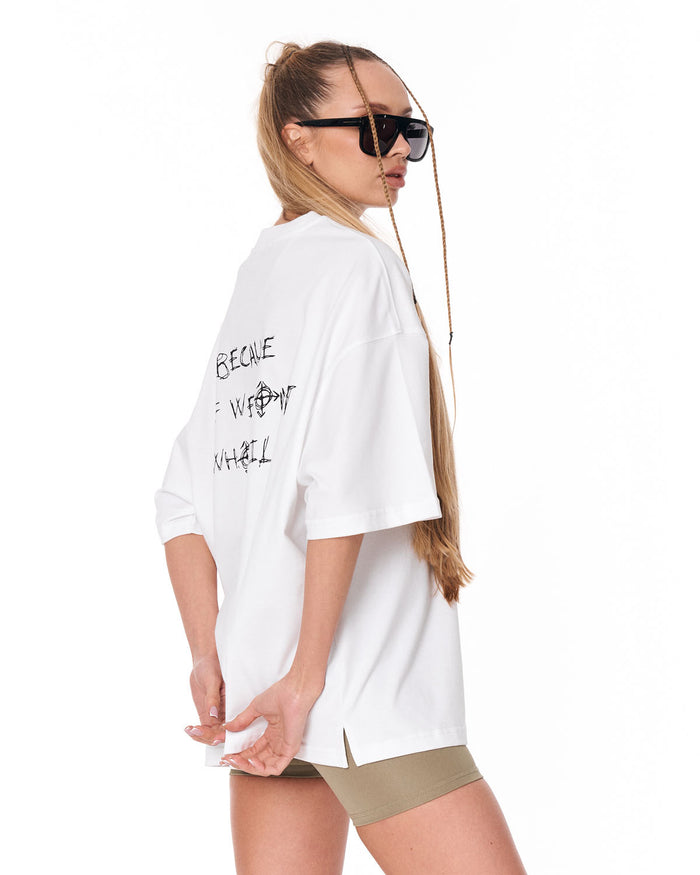 Because Text Print White Oversized T-Shirt for casual streetwear outfits