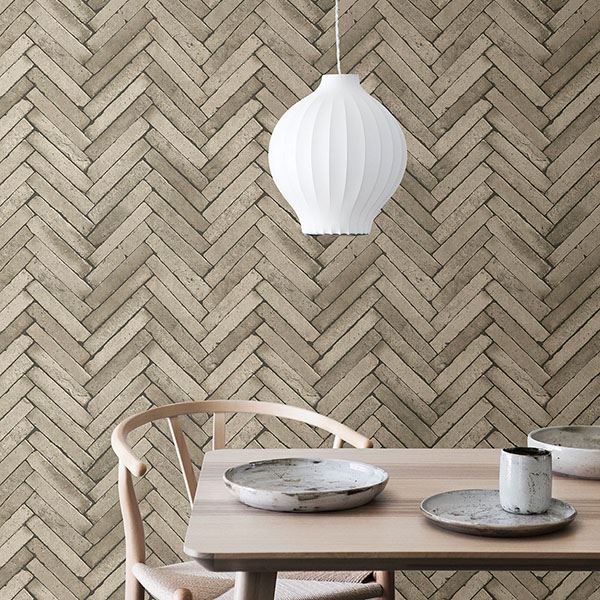 Beige Concrete Herringbone Bricks on Paste the Wall Wallpaper