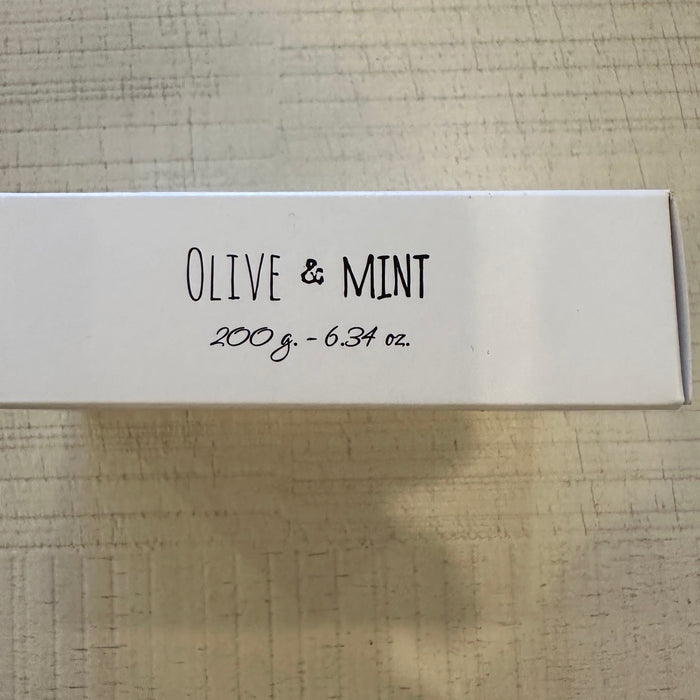 A white Belle De Provence - Olive & Mint box with the text 'OLIVE & MINT' printed on it, along with '200 g - 6.35 oz' and the dimensions '6.