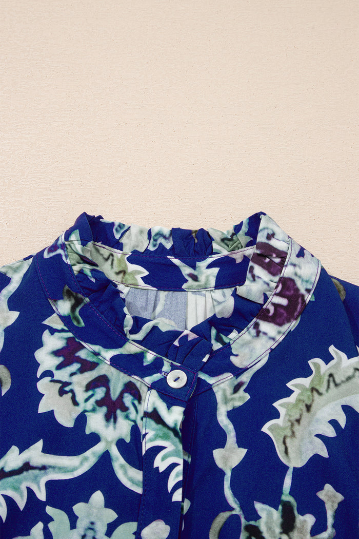 Blue Wild Floral Print Frilled Collar Half Sleeve Long Dress
