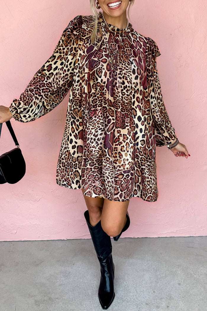 Brown Leopard Ruffled Detail Long Sleeve Loose Mini Dress
