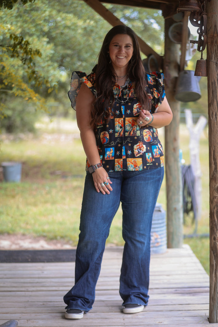 Collage Western Cowgirl Printed Button Down Ruffle Sleeve Top