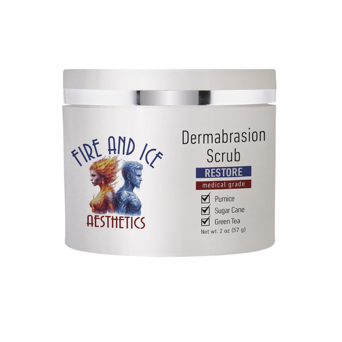 Dermabrasion scrub container with branding on a white background