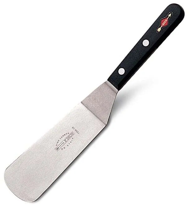 A stainless steel small turner with a plastic handle, featuring a 5 inch blade and 10.5 inch overall length.