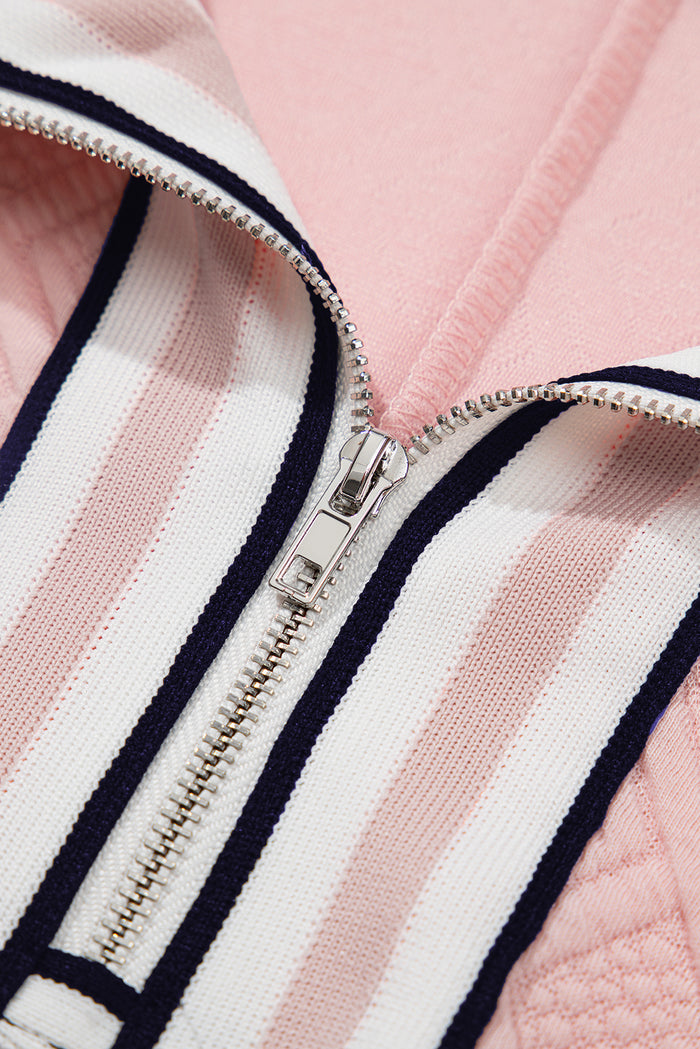 Light Pink Contrast Striped Collar Patchwork Textured Half Sleeve Blouse