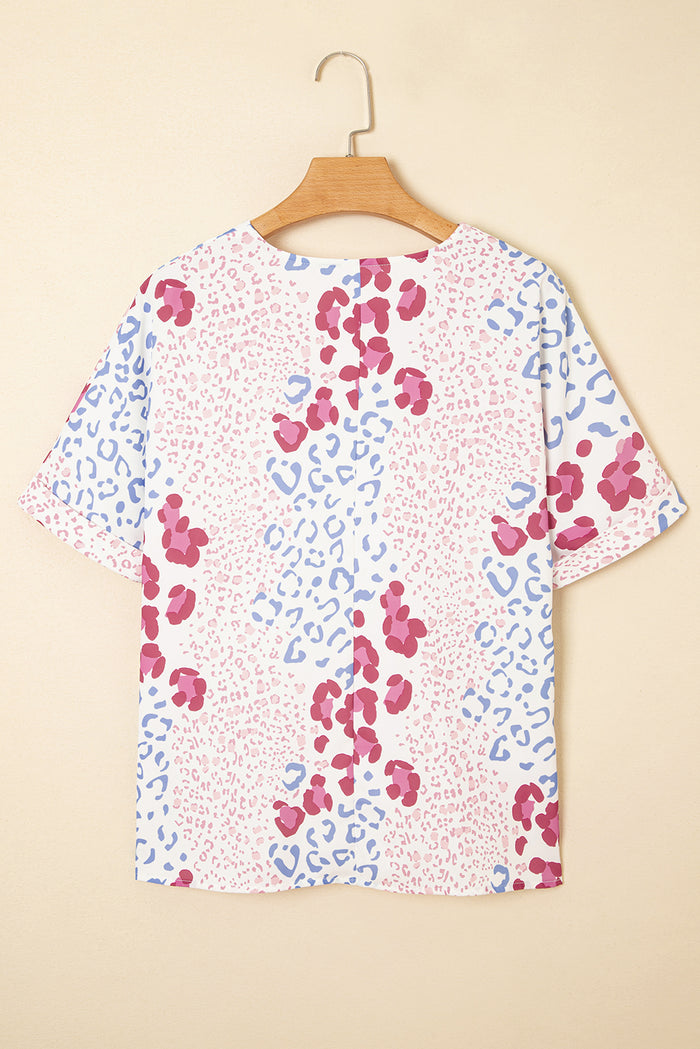Pink Mixed Leopard Print V Neck Short Sleeve Blouse