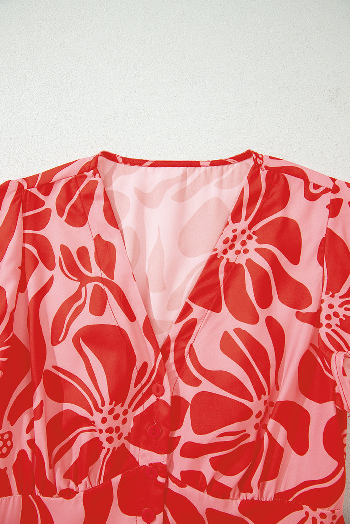 Red Boho Floral Short Sleeve V Neck Buttoned Shirred Waist Long Dress