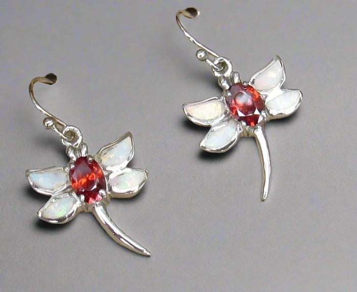 Sterling Silver Red Topaz and Opal Inlay Dragonfly Earrings STER040