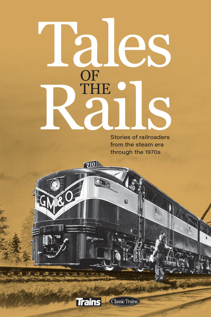 Book cover of 'Tales of the Rails' with a vintage train and text on a beige background