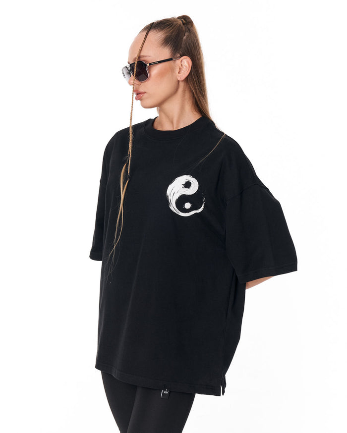 Yin Yang Brush Graphic Black Oversized T-Shirt for casual everyday styling