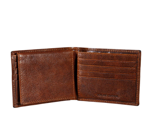 100% Genuine Tumbled Leather Passcase Bi-Fold Wallet - Brown