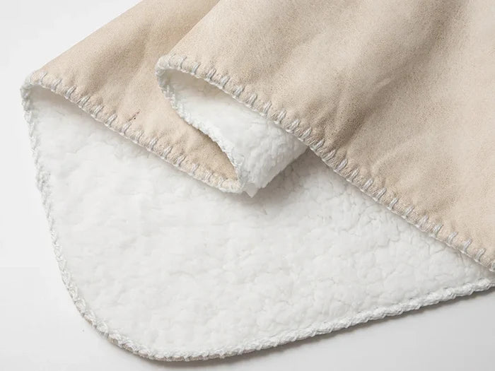Arctic Fleece Lined Sublimation Leathaire Blanket(White/Beige, 127*152cm/50inchx 60inch)