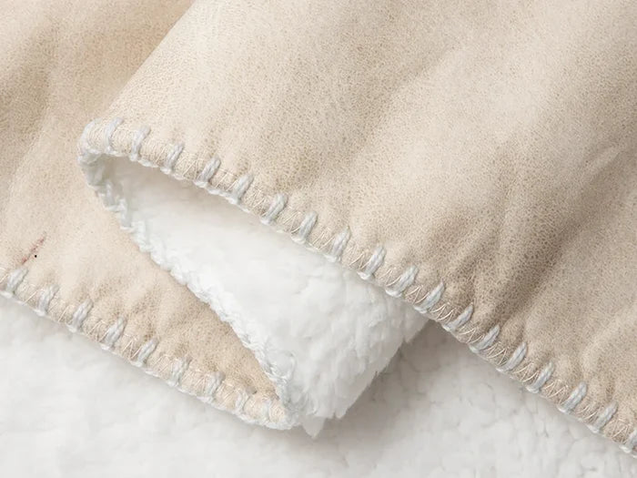 Arctic Fleece Lined Sublimation Leathaire Blanket(White/Beige, 127*152cm/50inchx 60inch)