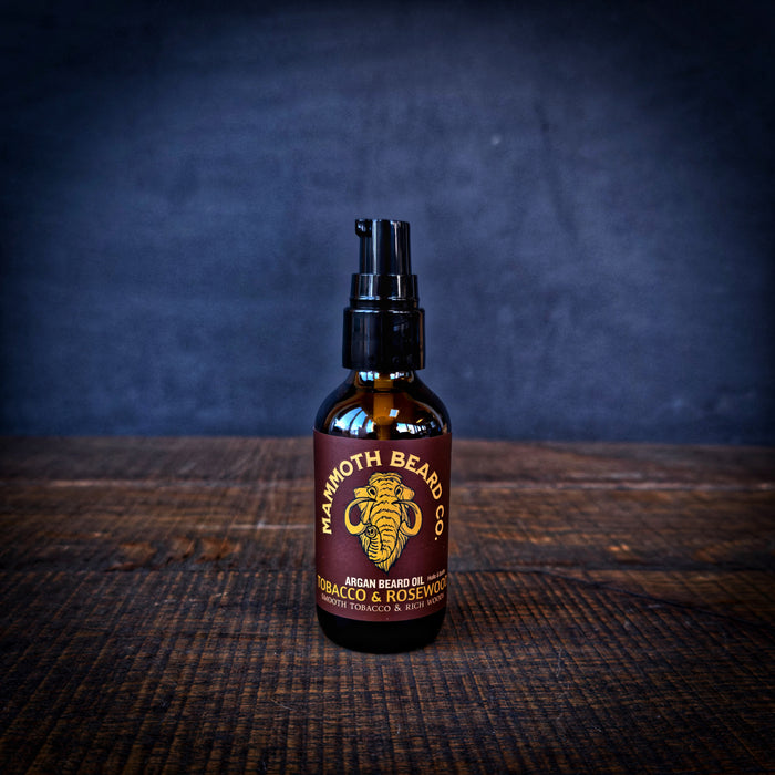 All natural Tobacco & Rosewood beard oil by Mammoth Beard Co, argan-based beard oil designed to nourish beard hair and skin underneath
