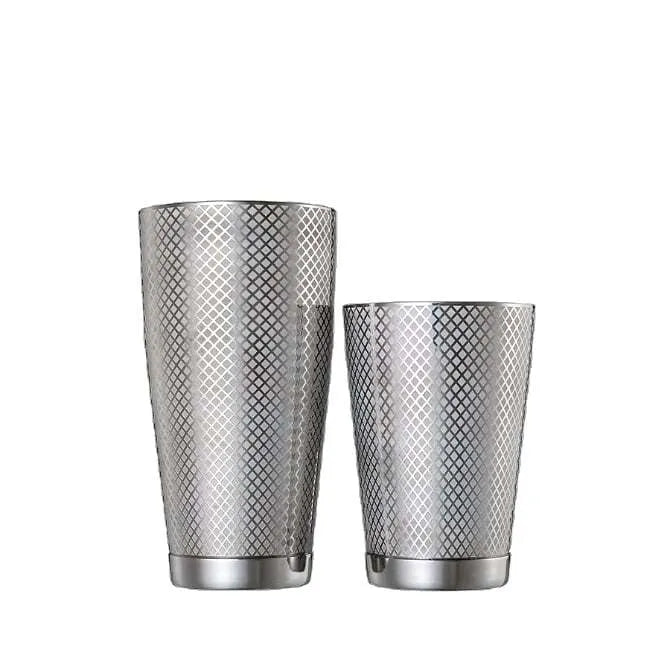 Barfly Diamond Lattice Cocktail Shaker 2 pieces separated on white background.