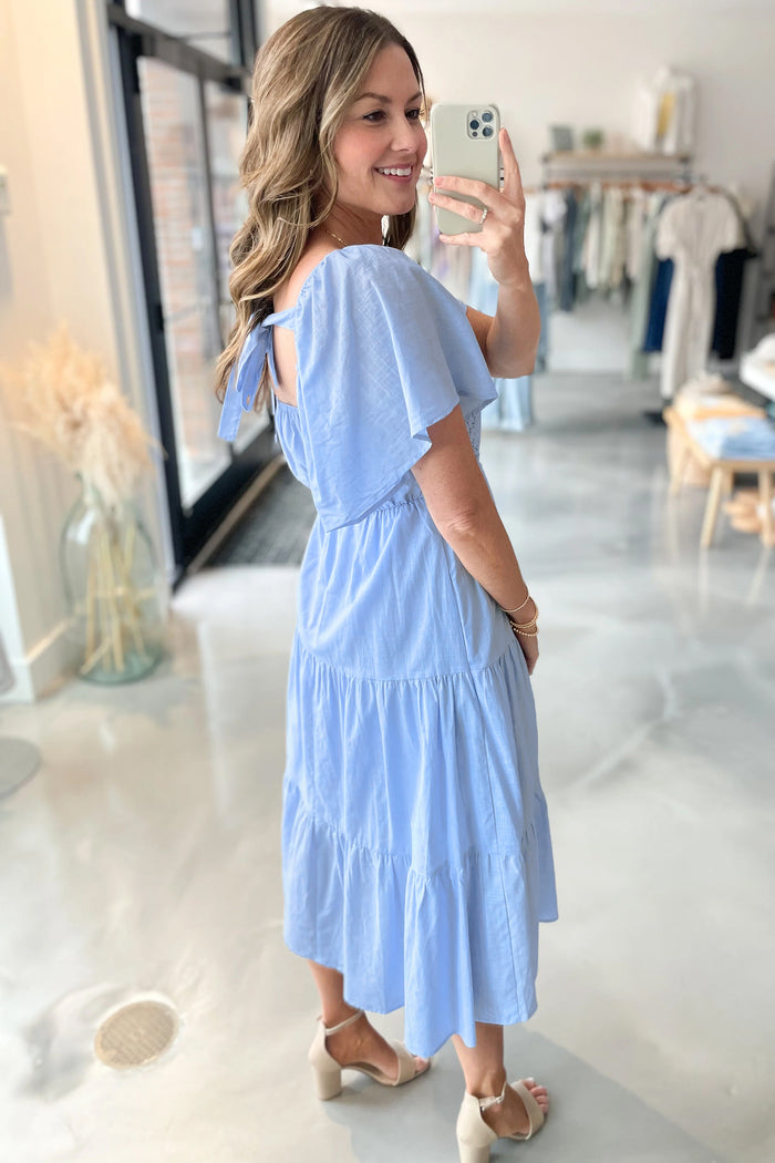 Beau Blue Flowy Short Sleeve Lace Detail Square Neck Tiered Midi Dress
