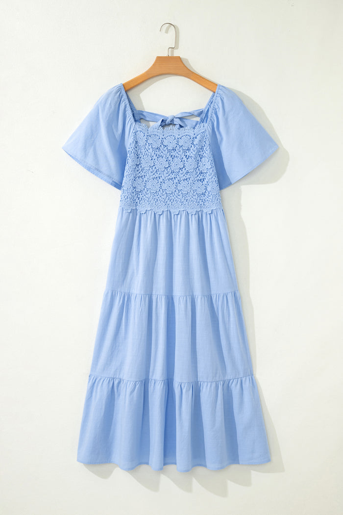 Beau Blue Flowy Short Sleeve Lace Detail Square Neck Tiered Midi Dress