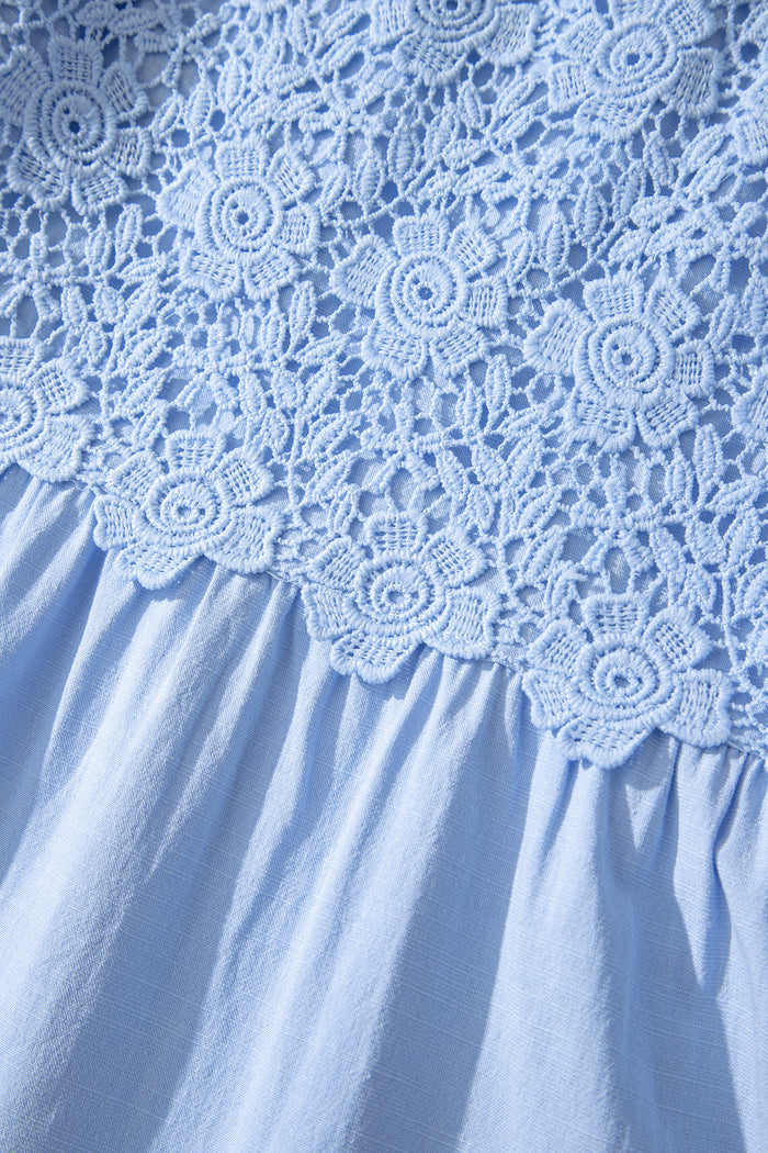 Beau Blue Flowy Short Sleeve Lace Detail Square Neck Tiered Midi Dress