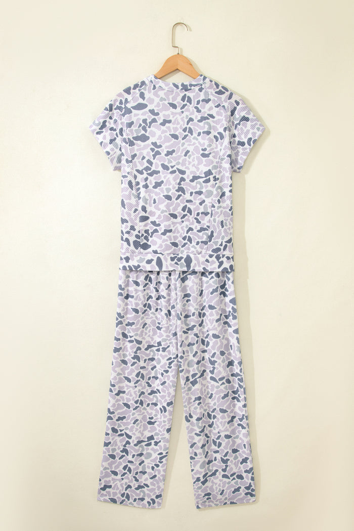 Beige Camouflage Print Twisted Rib Loose Tee Drawstring Pants Set