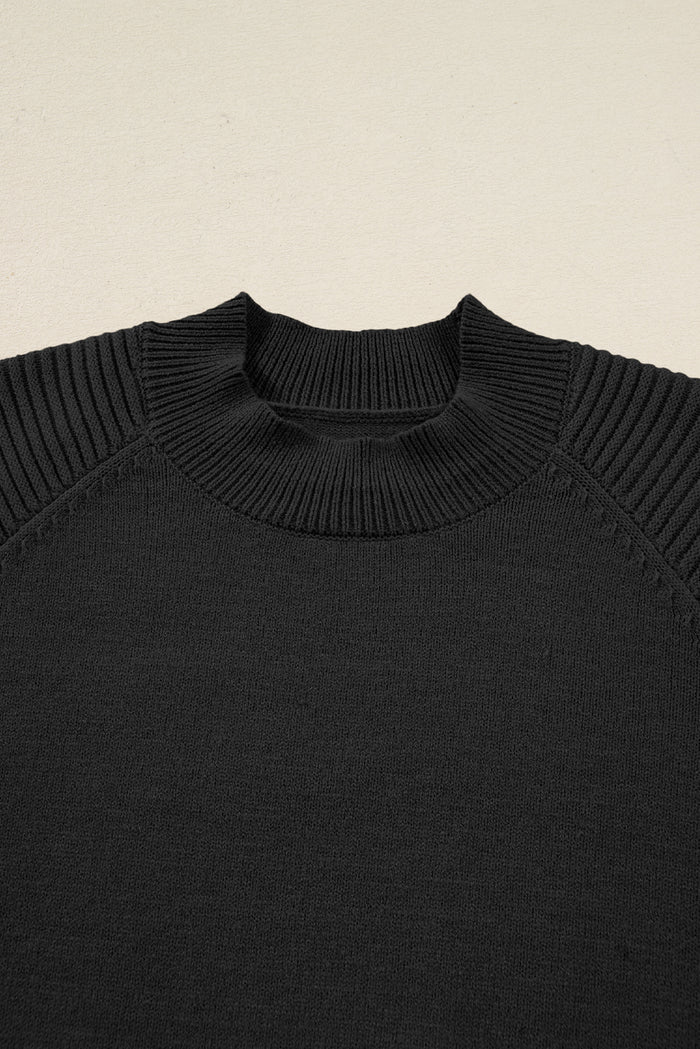 Black High Neck Puff Sleeve Sweater Pleated Mini Skirt 2pcs Knitted Outfit
