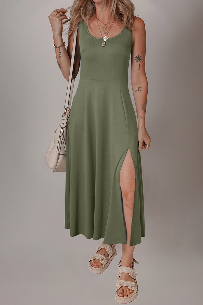 Black Sleeveless Scoop Neck Flared Split Midi Dress
