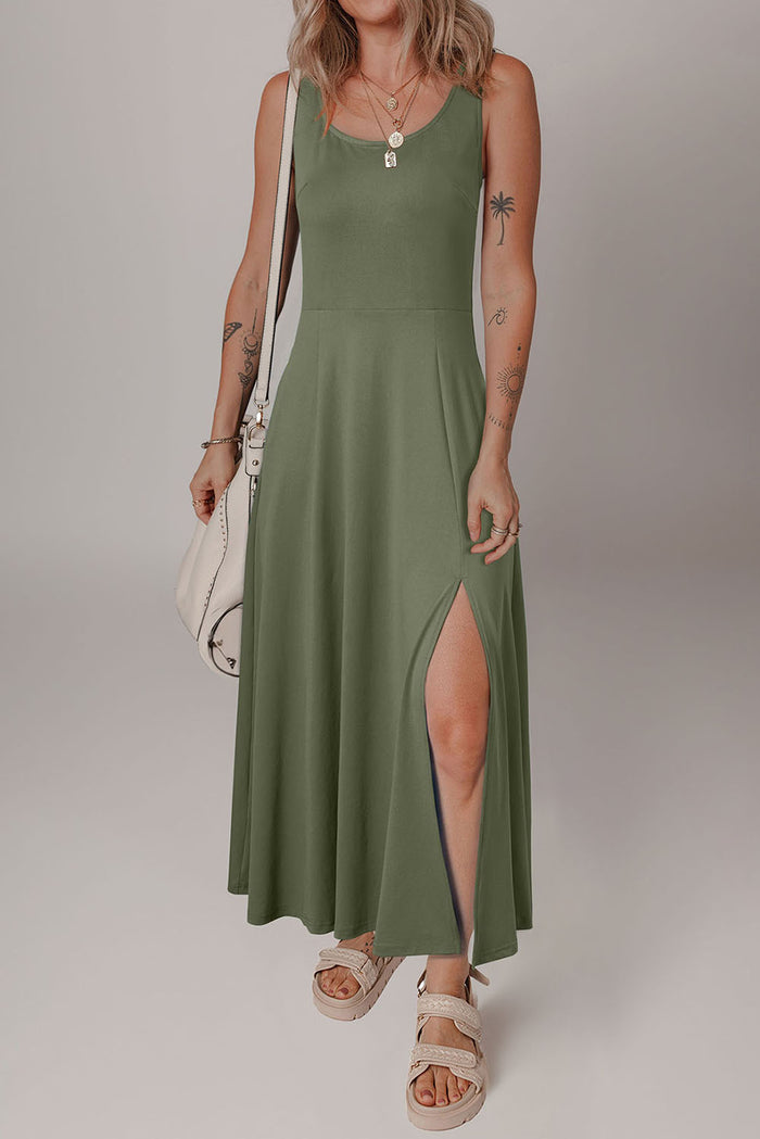 Black Sleeveless Scoop Neck Flared Split Midi Dress