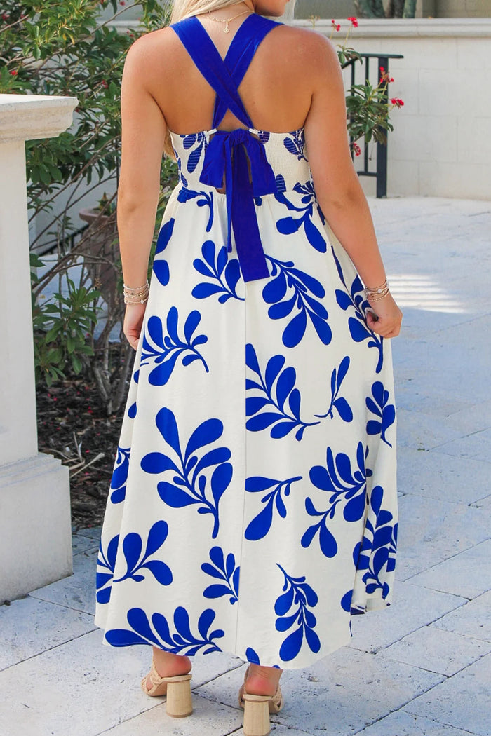 Blue Floral Print Crisscross Tie Back Sleeveless Long Dress