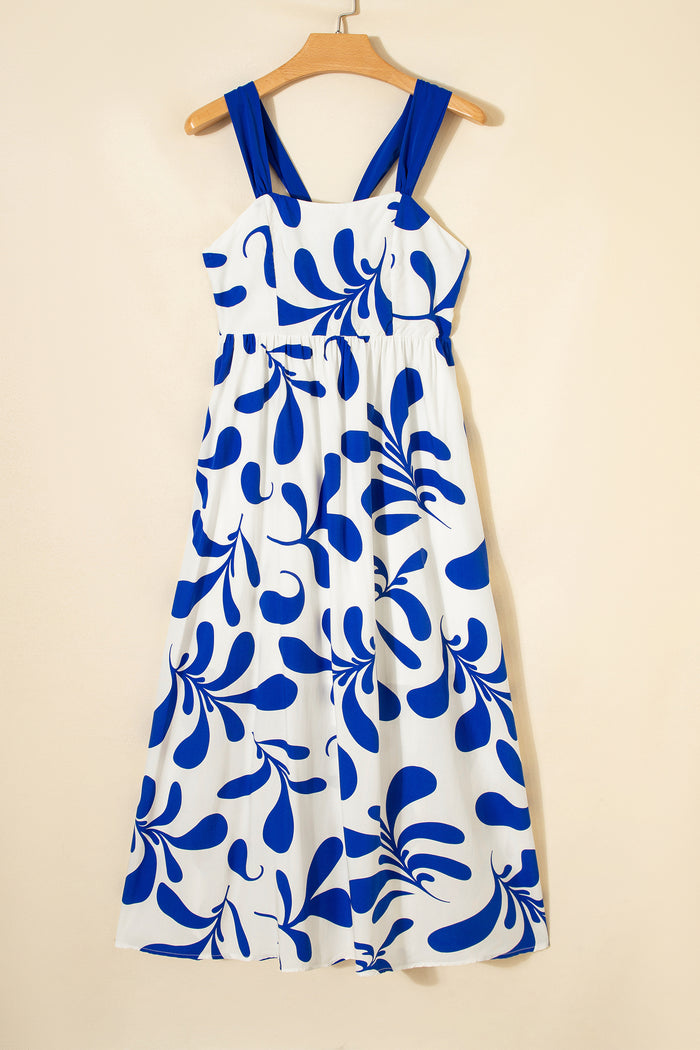 Blue Floral Print Crisscross Tie Back Sleeveless Long Dress