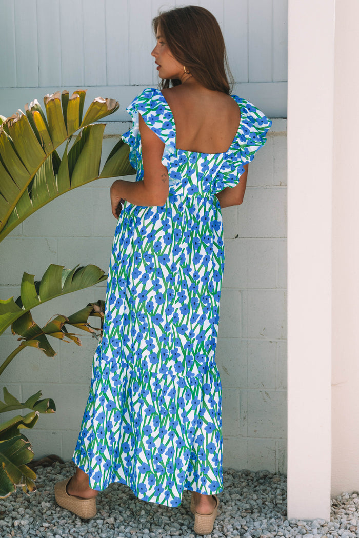 Blue Floral Print Square Neck Ruffled Strap Maxi Dress