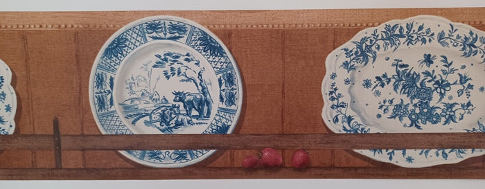 Blue Italian Dishes / China on Wooden Rack Shelf Wallpaper Border