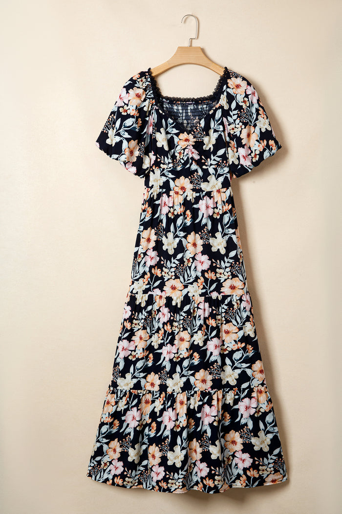 Blue Short Sleeve Smocked Detail High Waist Floral Maxi Dress