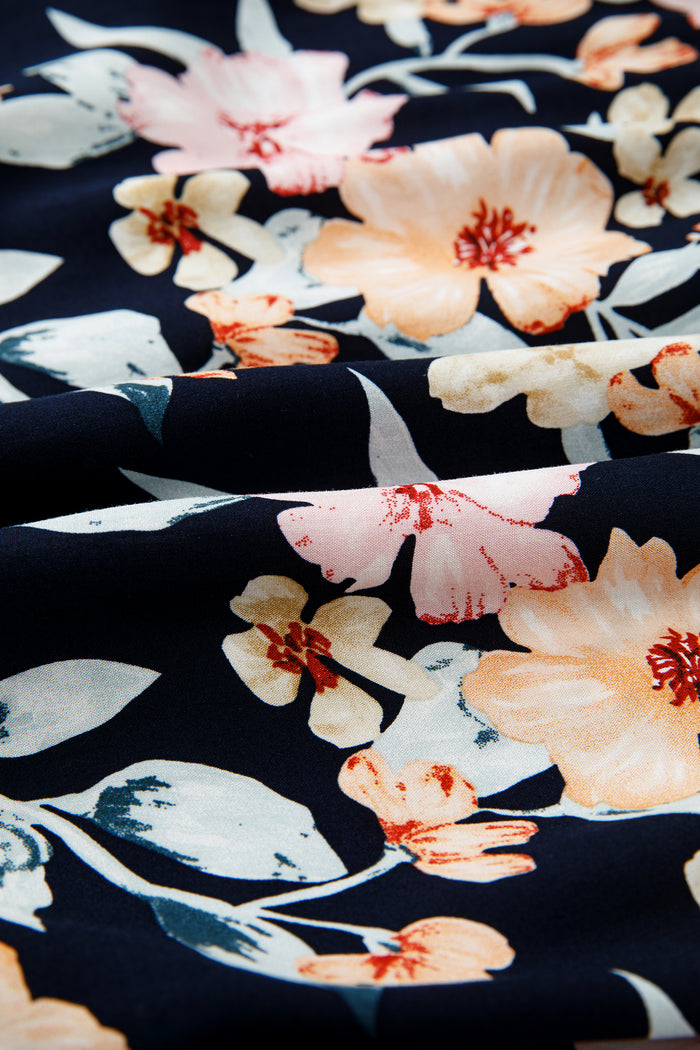 Blue Short Sleeve Smocked Detail High Waist Floral Maxi Dress