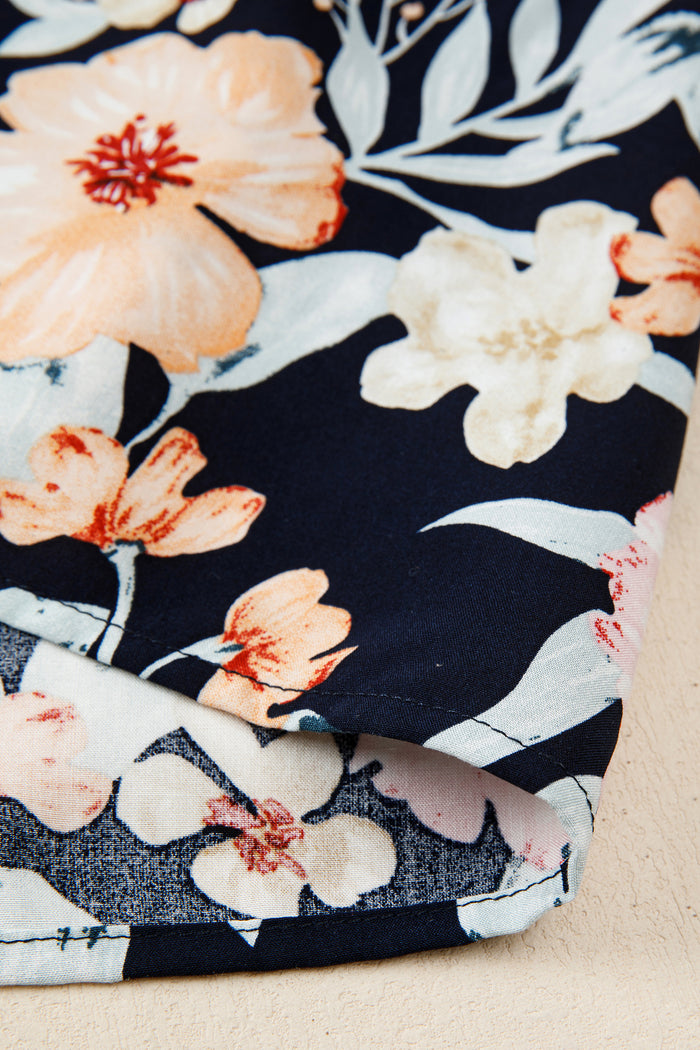 Blue Short Sleeve Smocked Detail High Waist Floral Maxi Dress