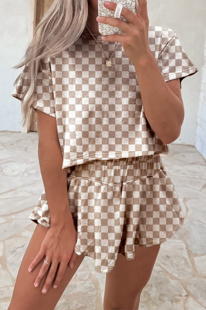 Brown Checkerboard T Shirt and High Waist Skorts 2 Piece Outfit
