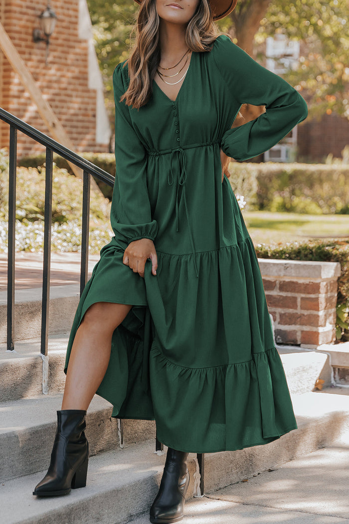 Burgundy Solid Long Sleeve Button V Neck Tiered Maxi Dress