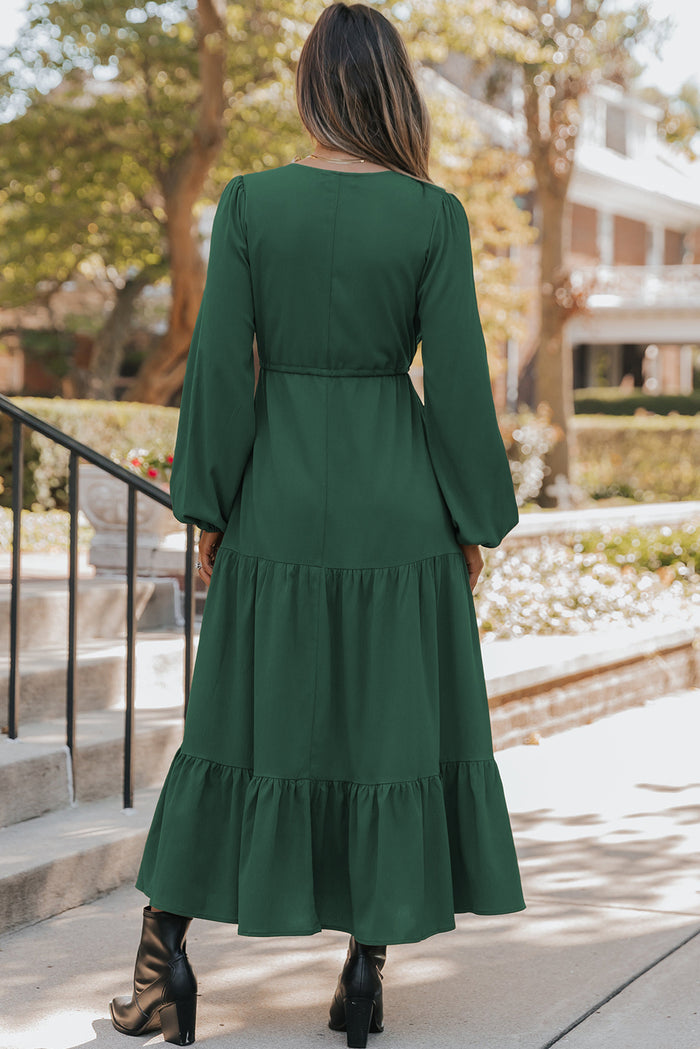 Burgundy Solid Long Sleeve Button V Neck Tiered Maxi Dress