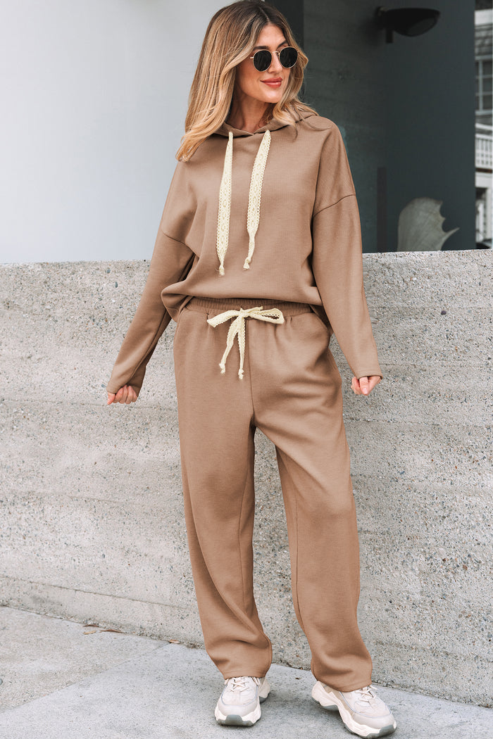 Casual Lace Drawstring Pullover Hoodie and High Waist Pants Corduroy Suit