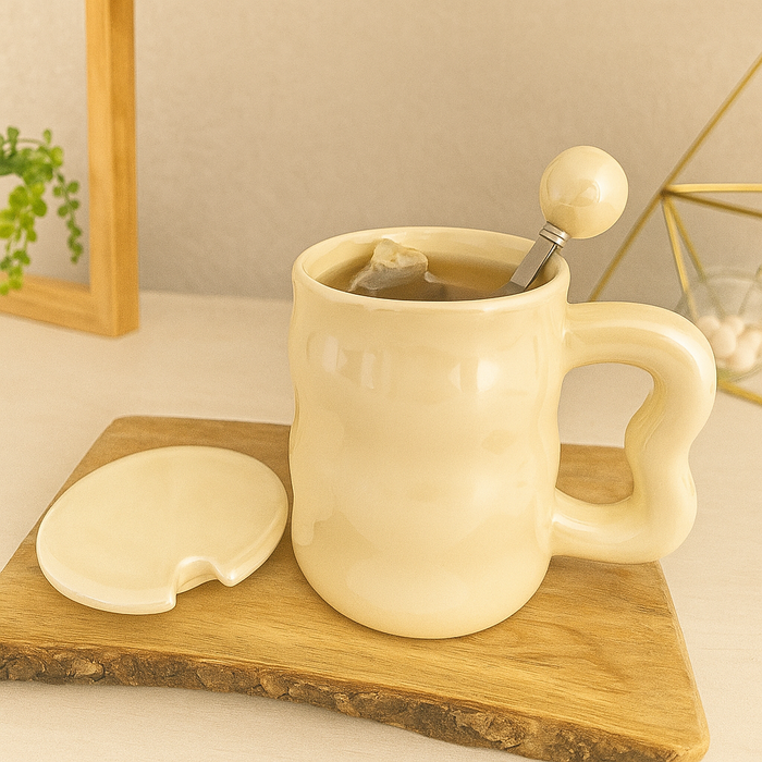 Ceramic Coffee Mug with Lid & Spoon – 350mL Heart Handle Pearl White Tea Cup for Home and Office Decor