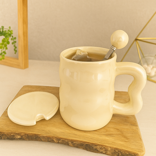 Ceramic Coffee Mug with Lid & Spoon – 350mL Heart Handle Pearl White Tea Cup for Home and Office Decor