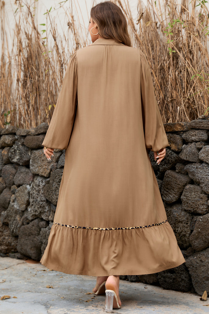 Chestnut Smocked V Neckline Leopard Piping Accent Bracelet Plus Size Long Dress