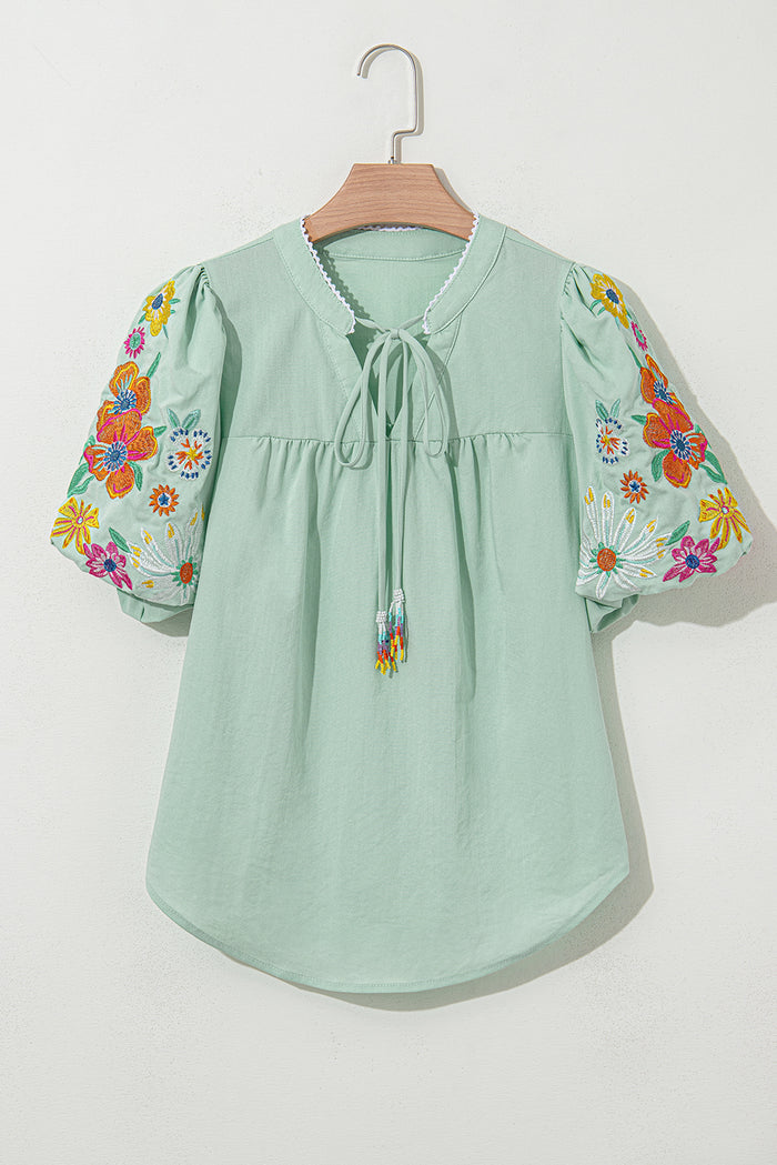 Clearly Aqua Floral Embroidered Puff Sleeve Split Neck Blouse