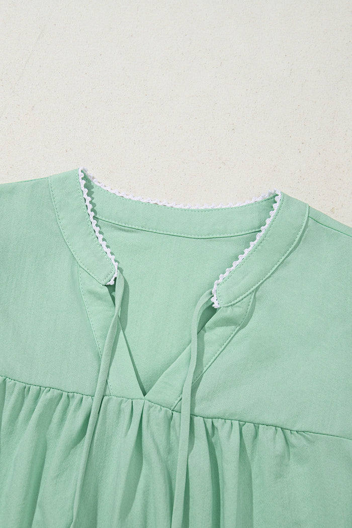 Clearly Aqua Floral Embroidered Puff Sleeve Split Neck Blouse