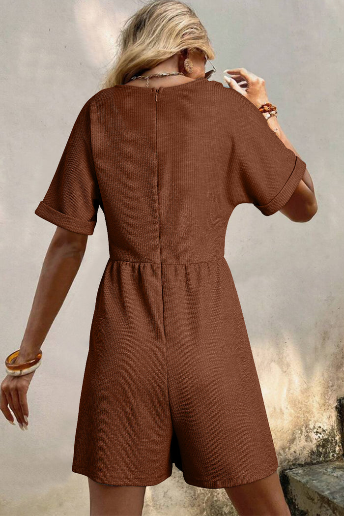 Coffee Solid Color Knit V Neck Zipped Loose Romper