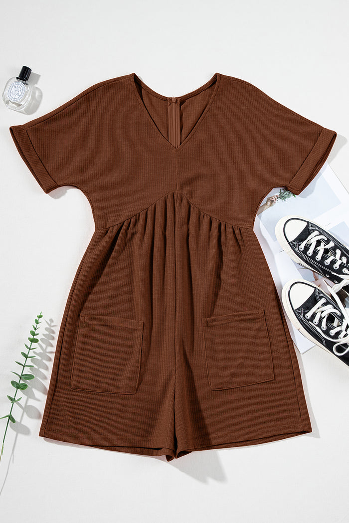 Coffee Solid Color Knit V Neck Zipped Loose Romper