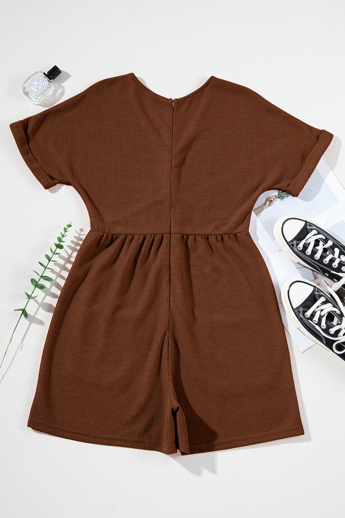 Coffee Solid Color Knit V Neck Zipped Loose Romper