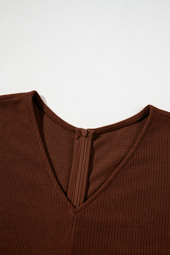 Coffee Solid Color Knit V Neck Zipped Loose Romper