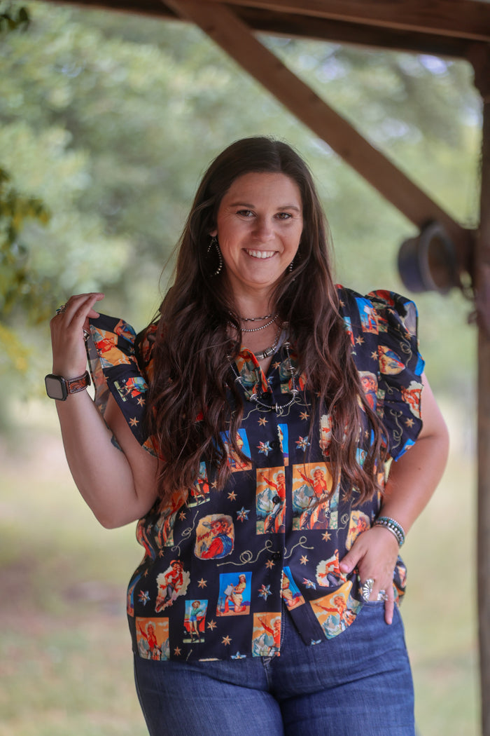 Collage Western Cowgirl Printed Button Down Ruffle Sleeve Top