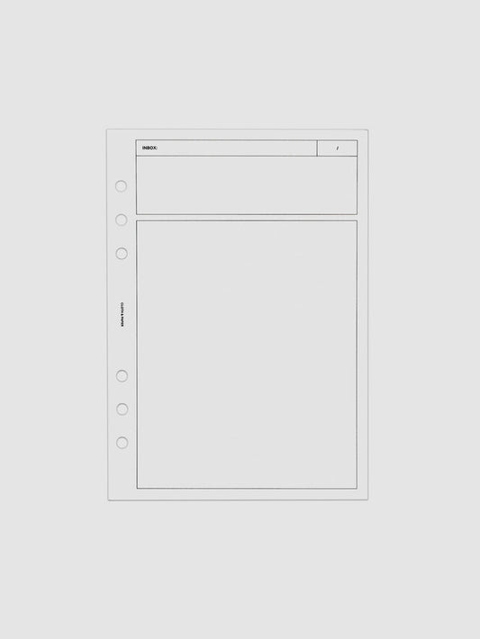 Clear, flexible plastic dashboard with black printed rectangular boxes and a header titled 'Inbox'. Shown in size A5, pre-punched for 6-ring binders.