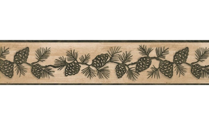 Dark Green Pine Cones on Beige Crackle Lodge Wallpaper Border - all4wallswall-paper