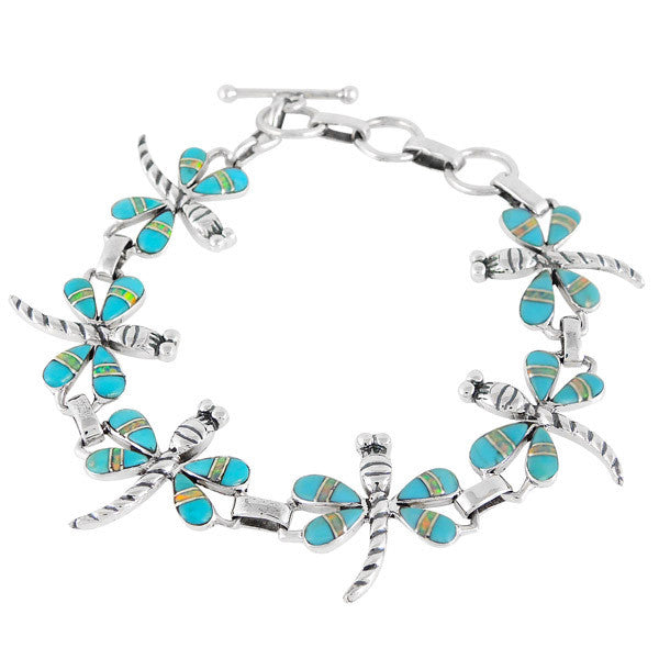 Dragonfly Turquoise and Opal Sterling Silver Link Bracelet TSC064